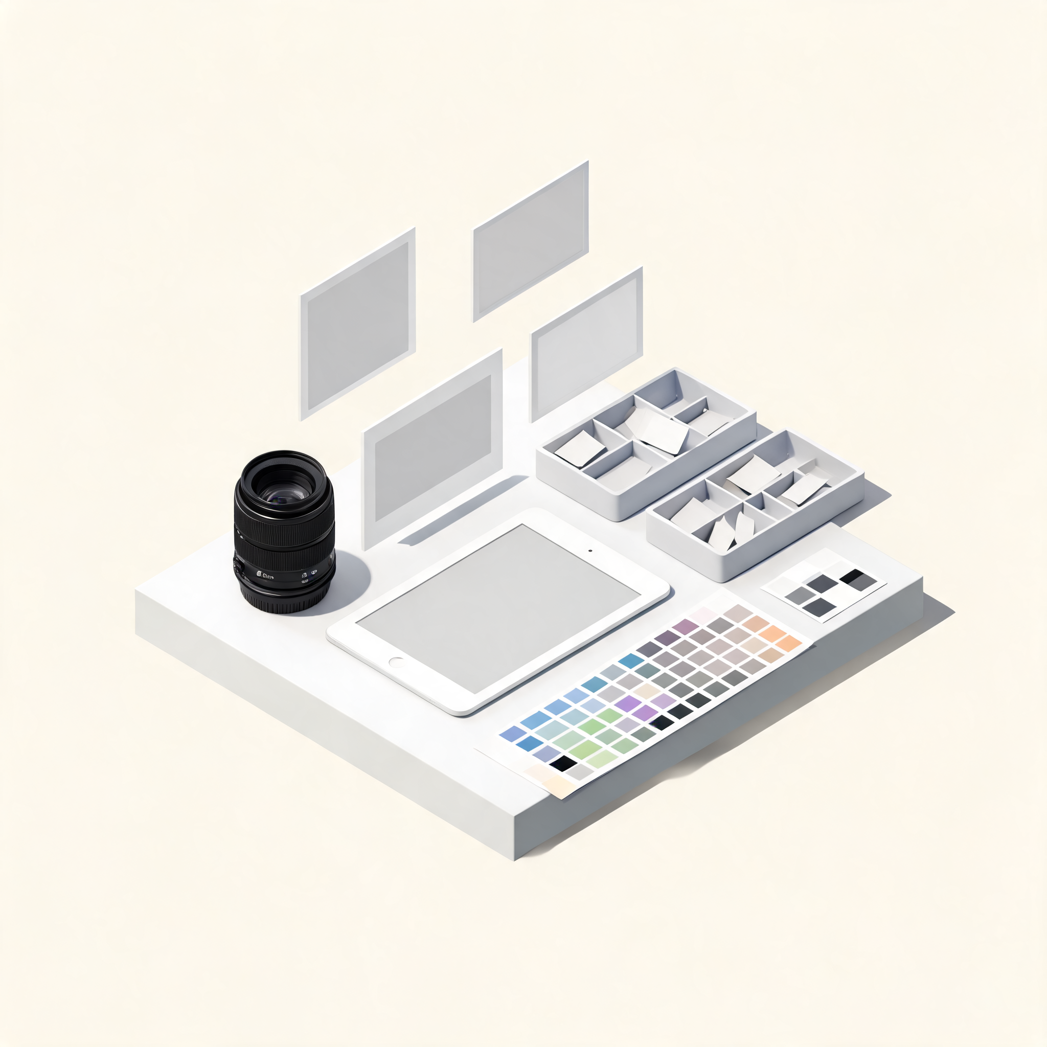 Isometric desk workspace with image generation cards
