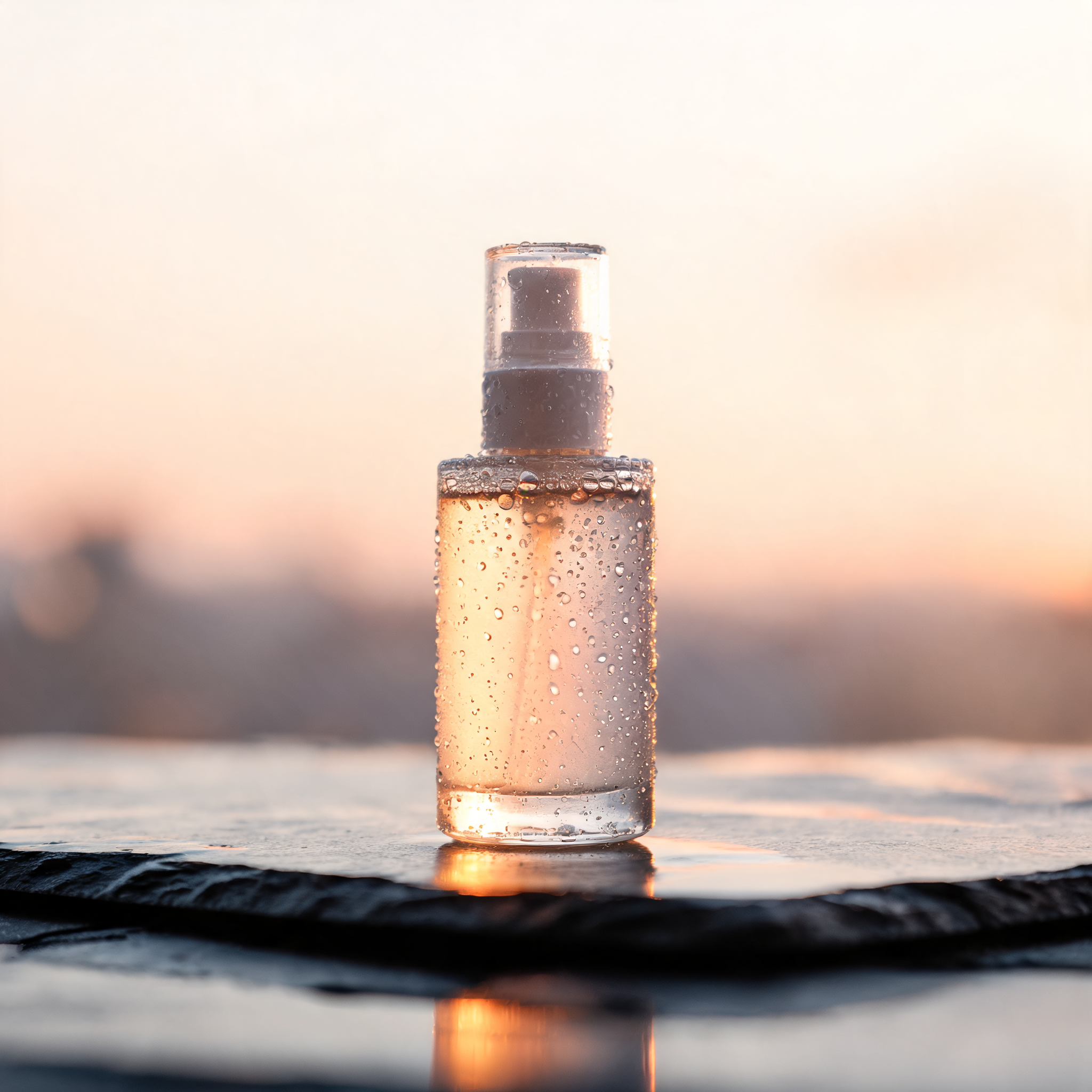 Editorial product image of a glass skincare bottle on polished stone