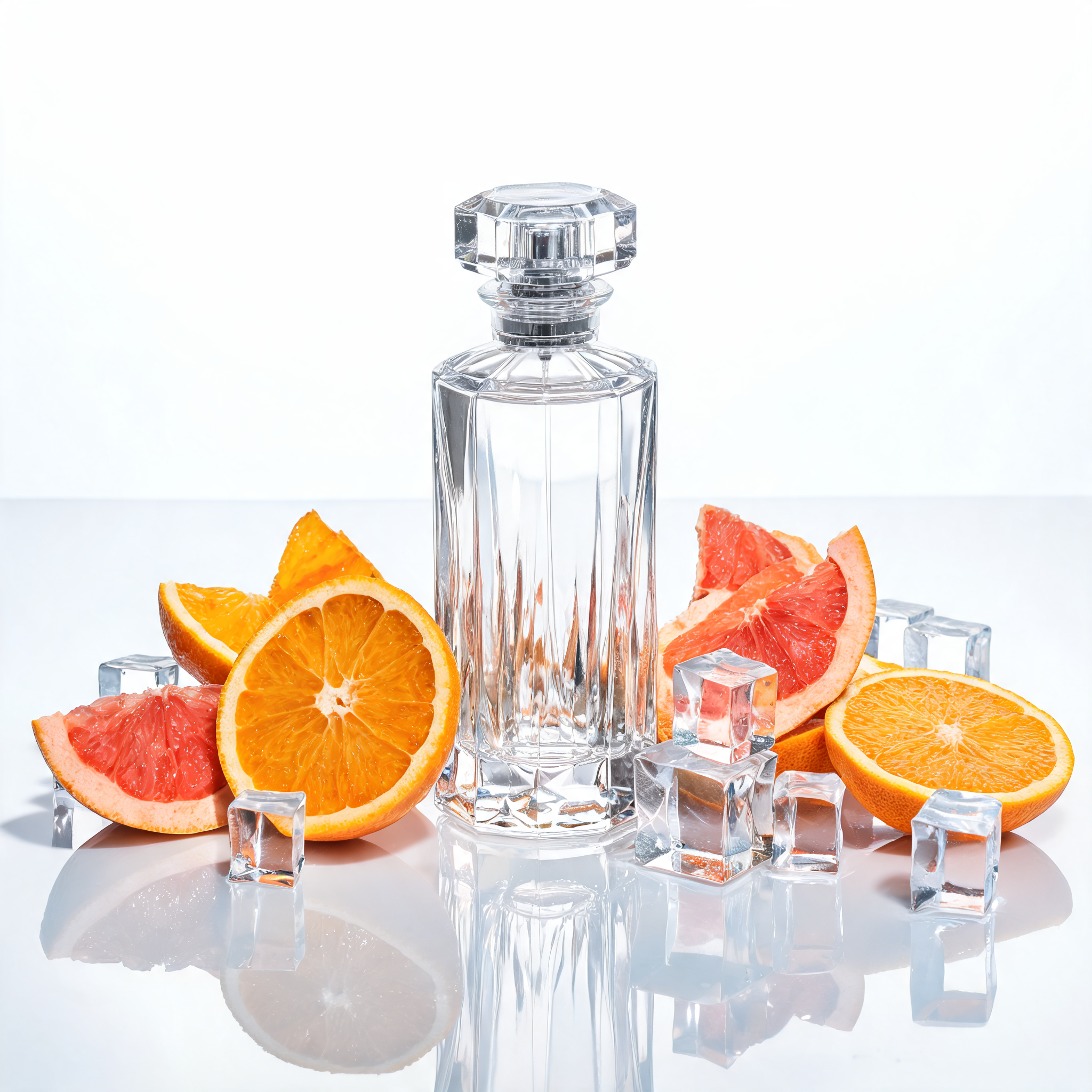 Luxury perfume bottle surrounded by citrus and glass