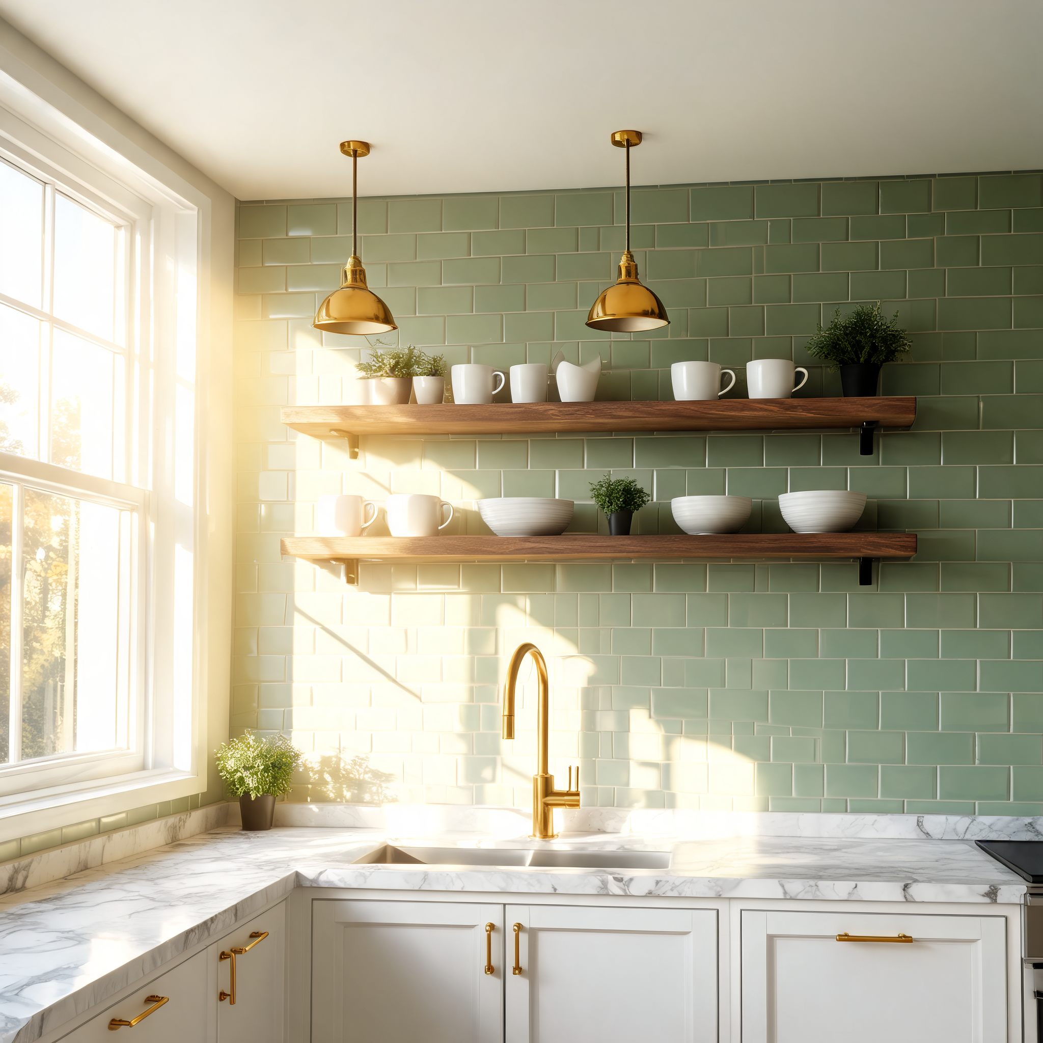 Modern kitchen restyle with green tile and brass fixtures