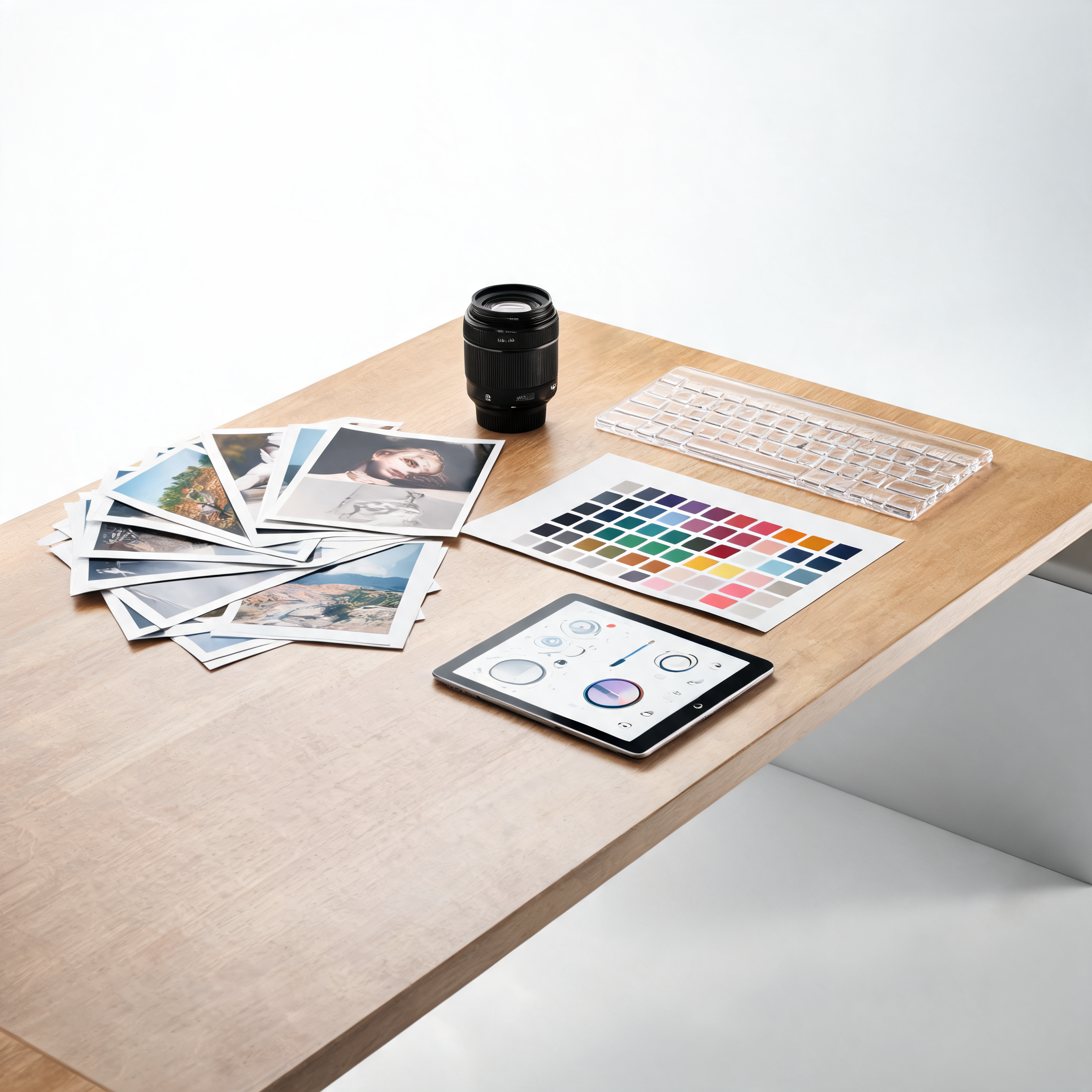 Creative production desk with generated image proofs
